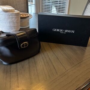 Giorgio Armani Cosmetic Bag Gold Emblem / Add a chain make it Crossbody NWT BOX